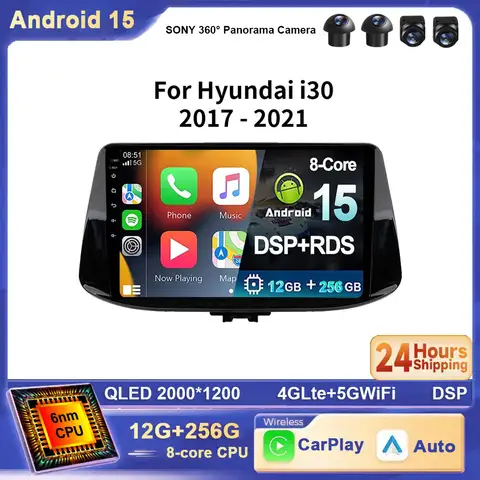 현대 i30 2017 2018 2019 2020 2021 안드로이드 15 자동차 라디오 스테레오 스크린 멀티미디어 GPS 네비게이션 카플레이 4G 와이파이 블루투스