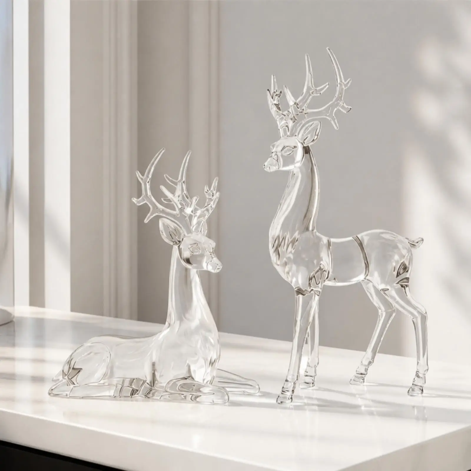 Clear Acrylic Reindeer Sculpture Elegant Sitting Figurine Tabletop Ornaments for Rooms Bookshelf Cabinet Decor
