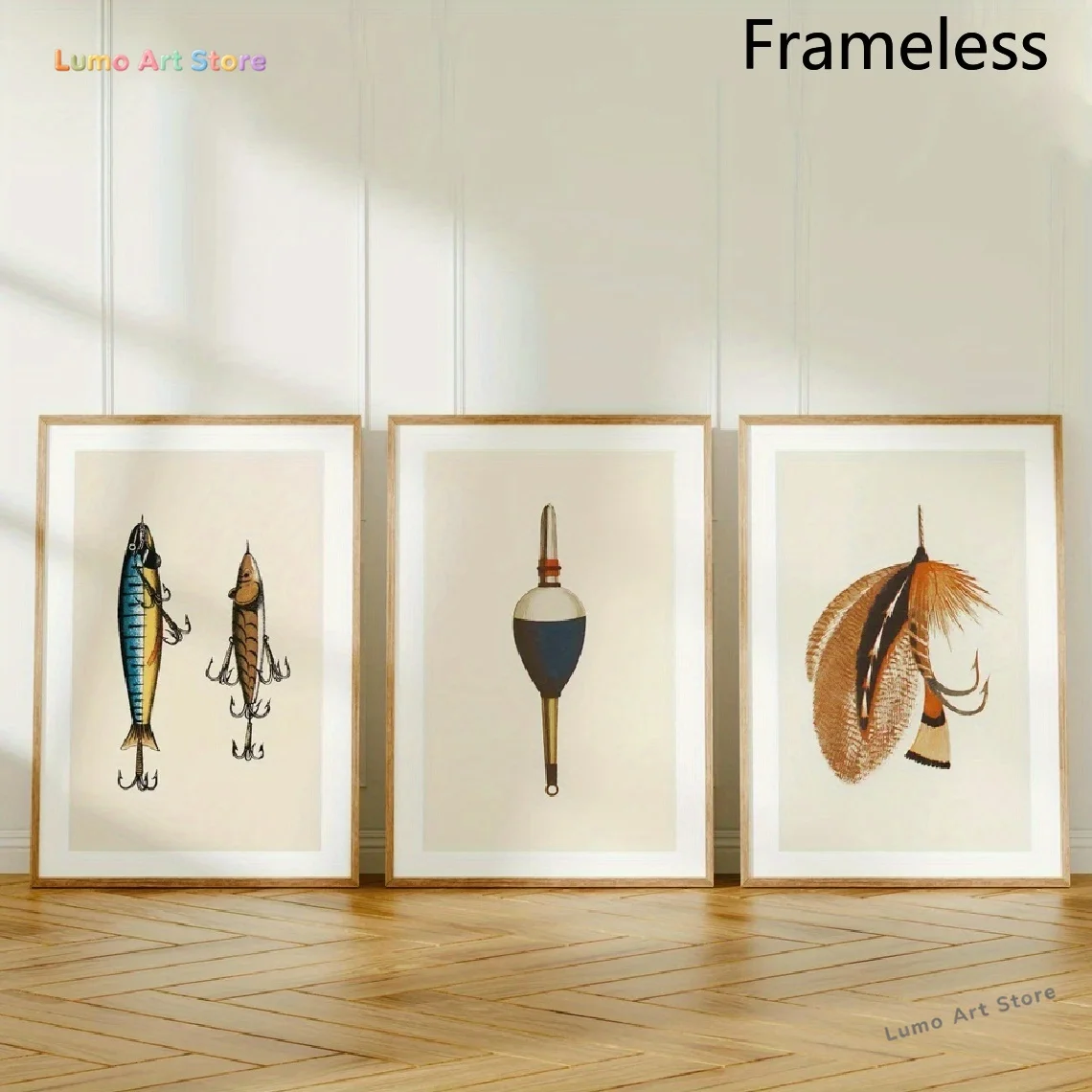 2D Flat, 3pcs Set Modern Abstract Nautical Wall Art Suitable for Fisherman Float & Tackle Prints, Vertical Fisherman Decor Po