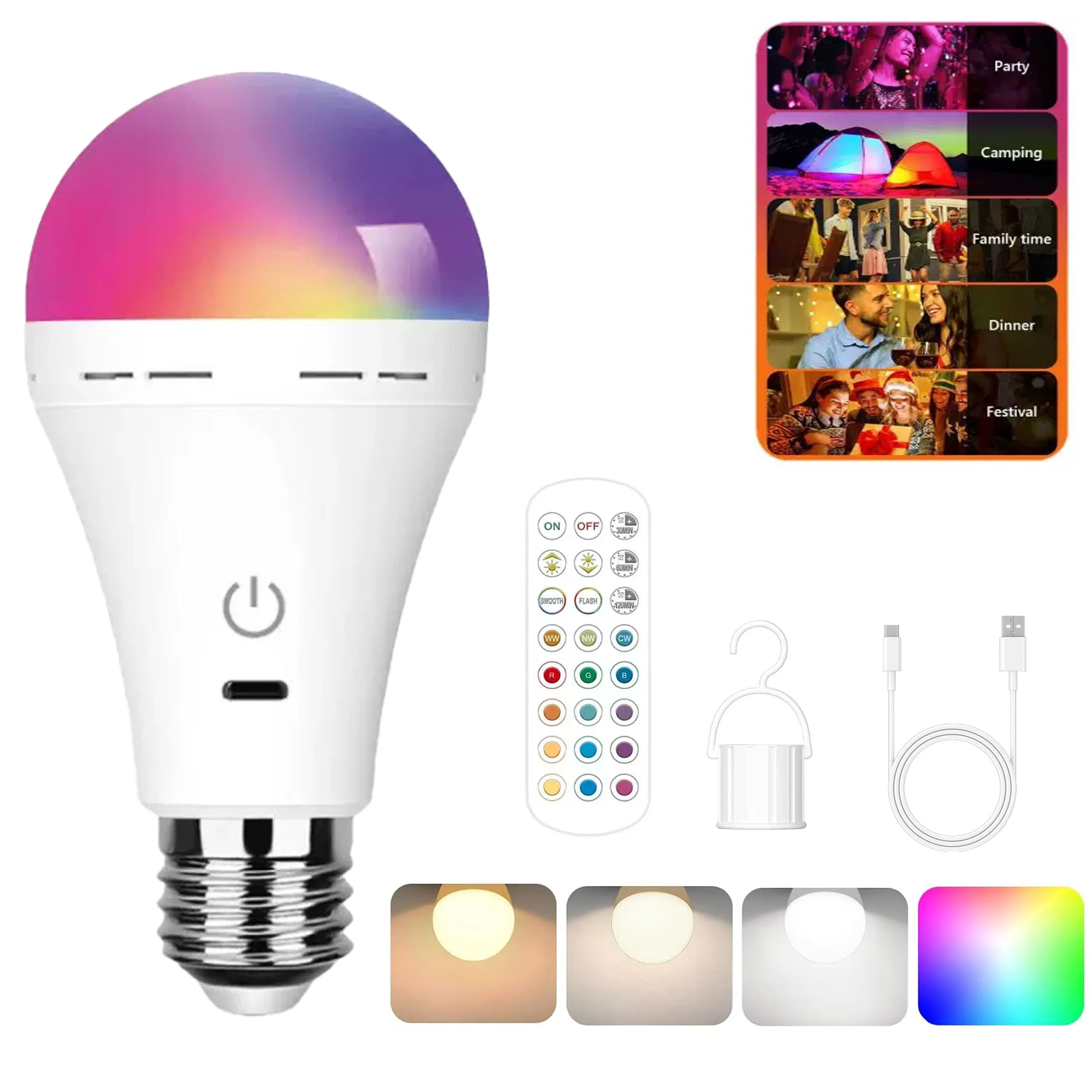 E27 Screw Multi-Function RGB Color Changing Bulb, Remote & Touch Control, Rechargeable Emergency Light for Power Outage