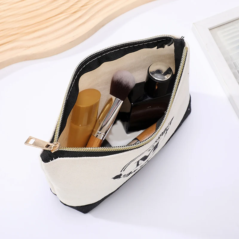 Portable cosmetic bag black and white color collision splicing organizer waterproof circle letter printing zipper coin purse