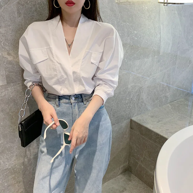 Women White Big Size Shaped Blouse New V-collar Long Sleeve Loose Fit Shirt Fashion Tide Spring Autumn 2024