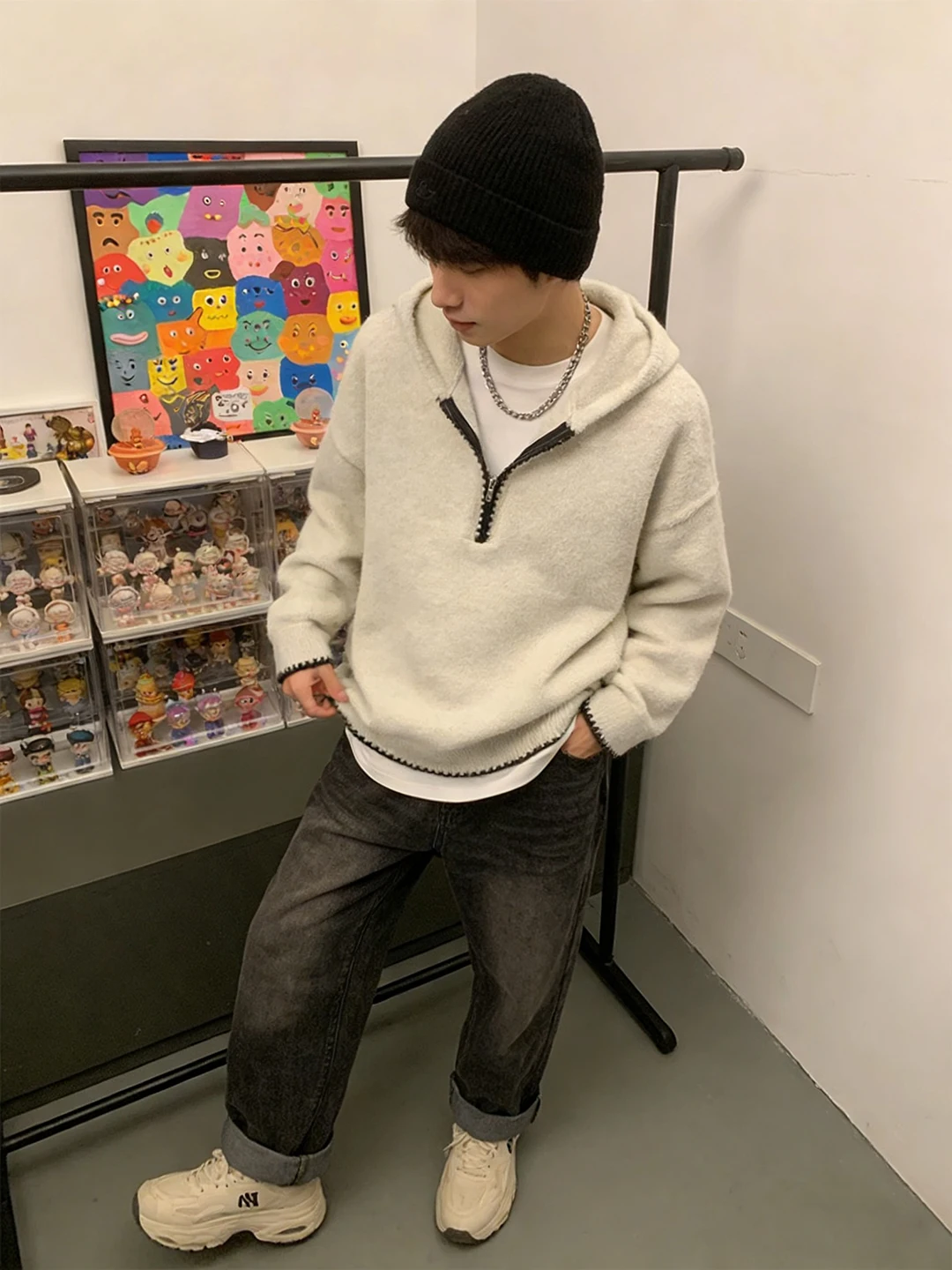 

American Sle Hooded Sweater Men's Loose Warm Knitted Winter Faion Design Zipper Casual Long Sve Sweatirt Coat