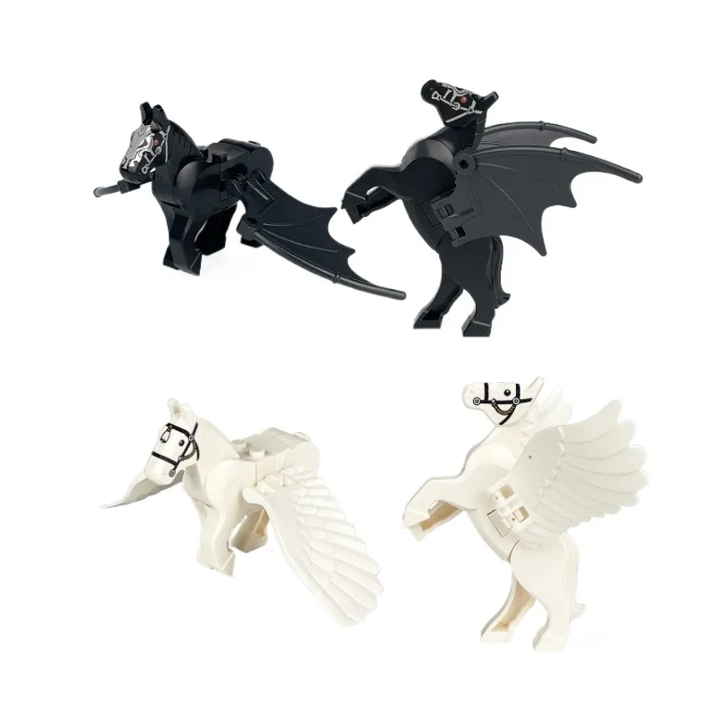 Children's Military Series Building Block Accessories Black and White War Horse with Moving Wing Cavalry Ride Model Assembly Toy