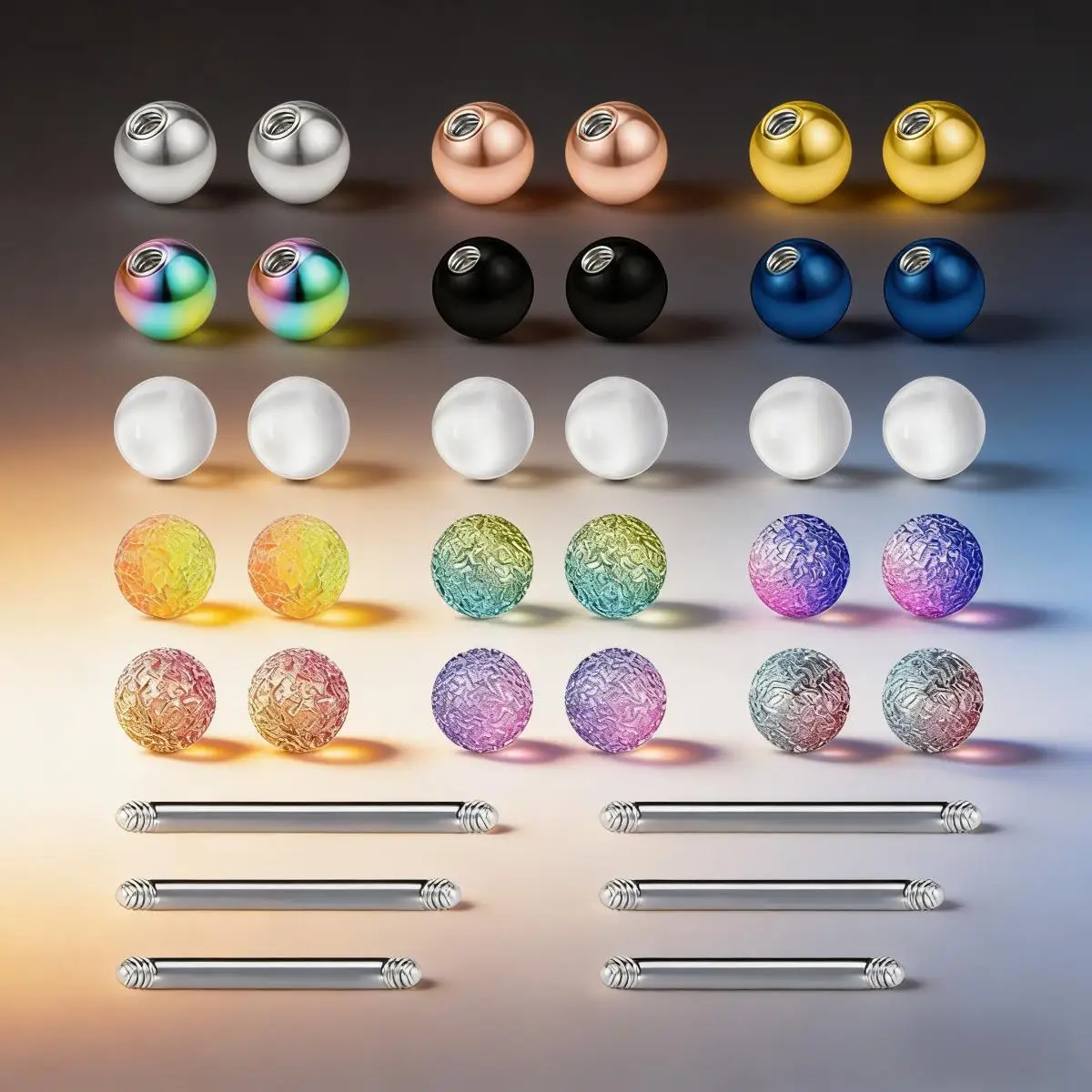 36pcs 14G 12-18mm Straight Barbell Tongue Bars Stainless Steel Tongue Ring Body Ring Piercing Jewelry with Replacement Ball Cone