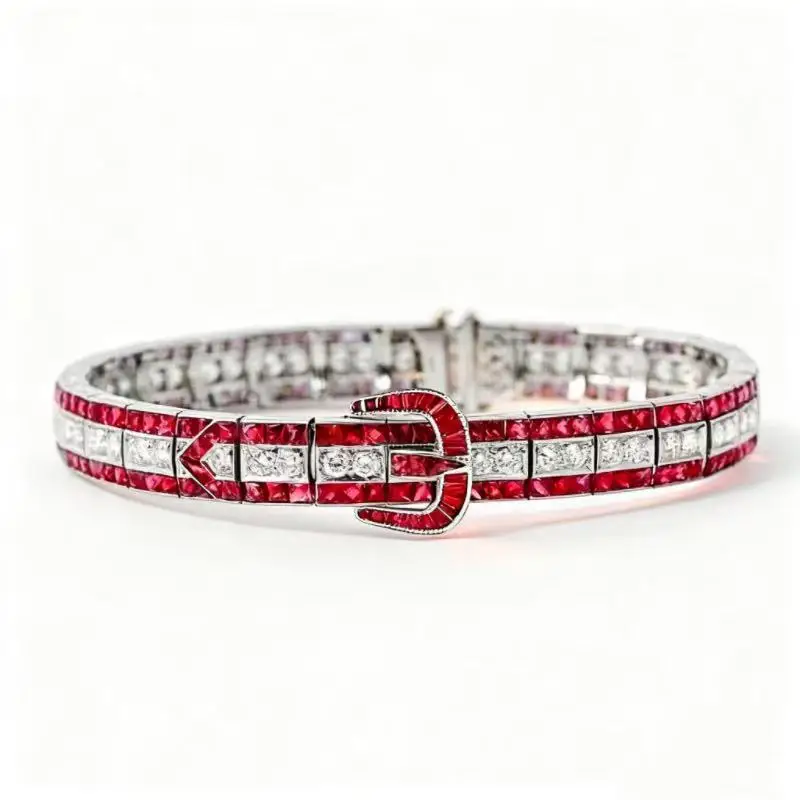

BELLUX 925 Silver Gold-plated Synthetic Zircon Bracelet GRC Lab Grown Pink Sapphire Art Deco Western Vintage Bracelet