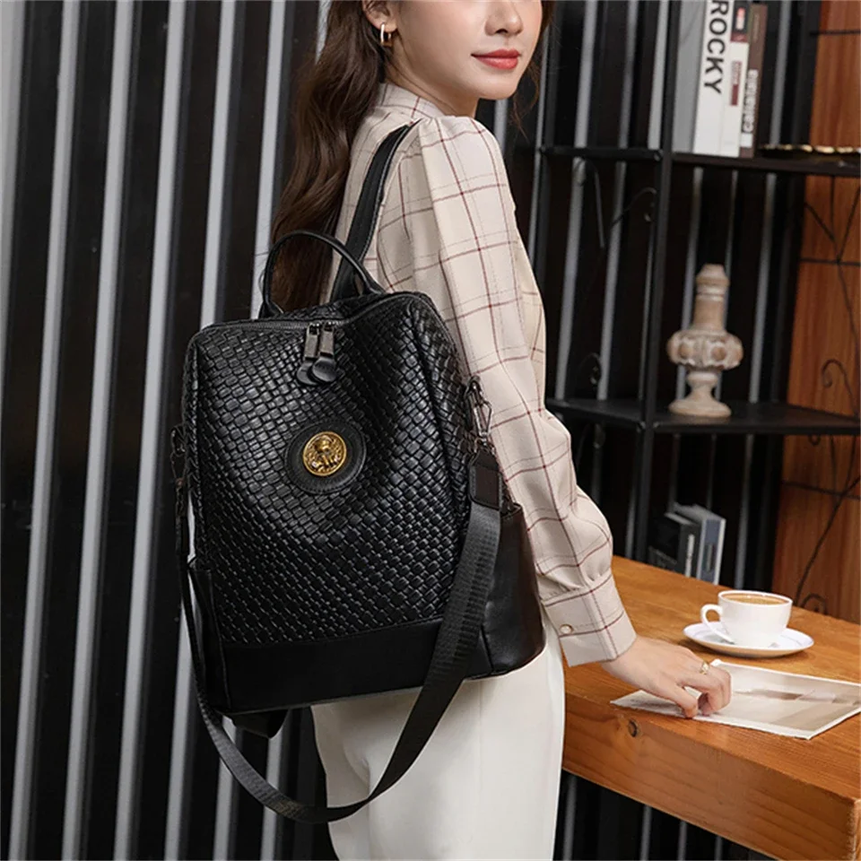 New Women's Backpack Designer High Quality Soft Leather Simple Weave Fashion Backpack Large Capacity Shoulder School Bags