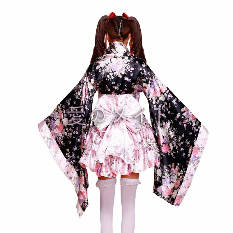 CyJapanese Kimono Sakura stampato Lolita rosa corto sexy gonna a strati cameriera costume cosplay vestito operato da Halloween per le donne