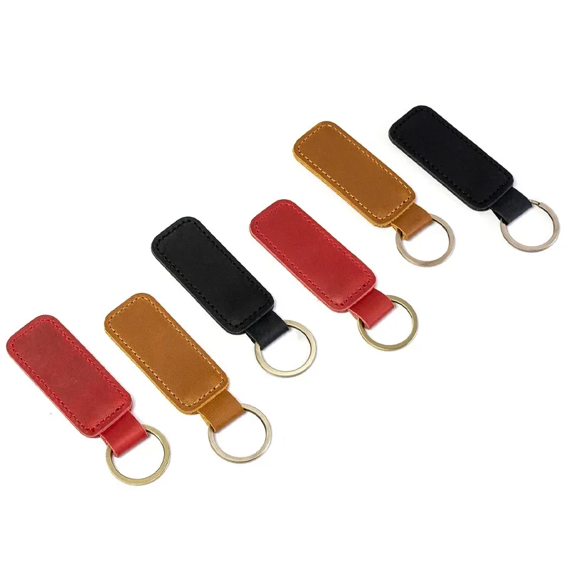 Top Layer Cowhide Keychain for Men and Women Retro Vintage Leather Car Logo Key Chains Accessory Laser Engrave Keyring Gift