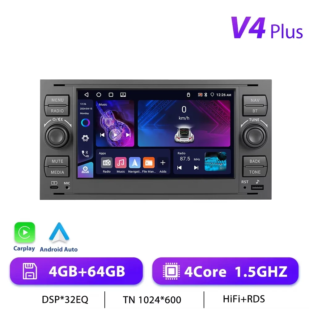 Podofo 7 "Autoradio Draadloze CarPlay Android Radio Voor Ford Focus/Mondeo/S-Max Transit/Kuga Connect Multimedia GPS RDS Autoradio
