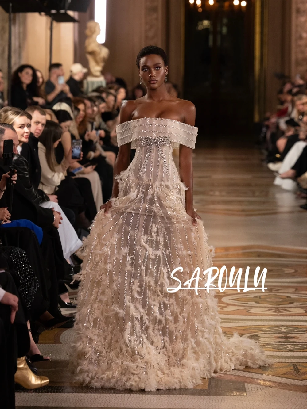 

Feather Trimmed Off Shoulder Sequin Evening Gown Beaded A Line Floor Length Luxury Formal Wedding Prom Gala Dress Customized