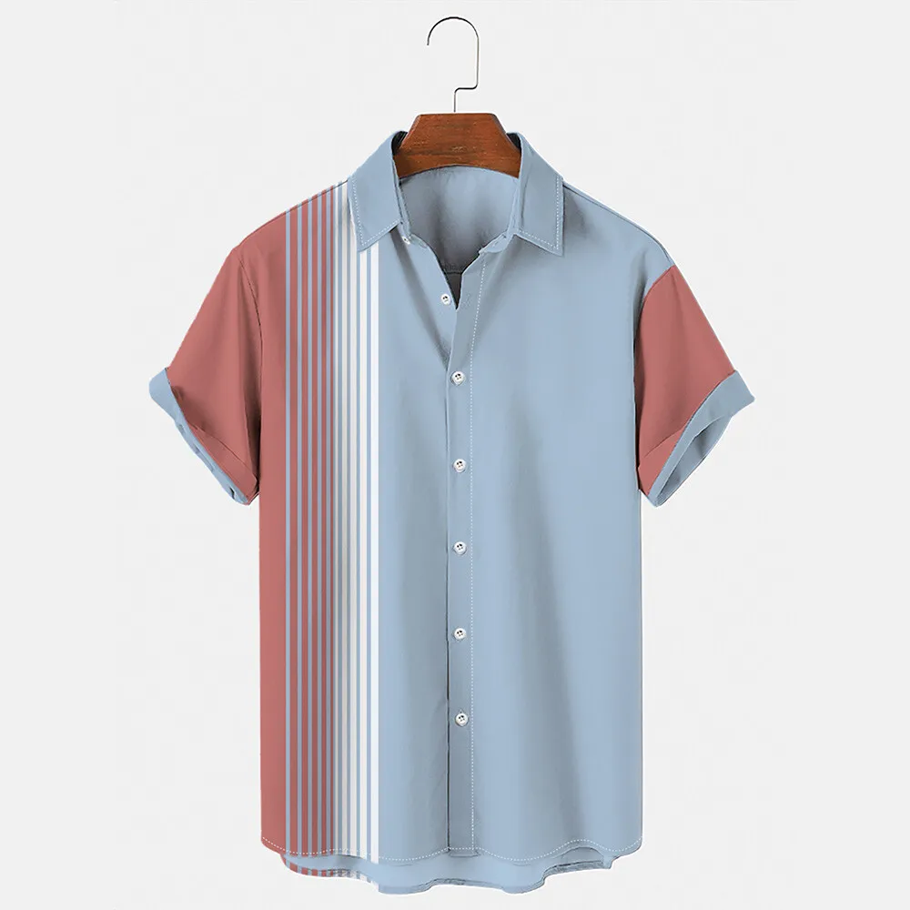 Contrast Stripe Print Tops Summer Fashion Men\'s Short-sleeved Shirts Casual Business Shirts Daily Street Tops Oversized T-shirts