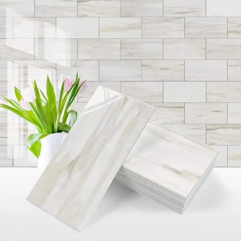 

100-Piece Glossy Wooden Marble Grain Peel and Stick Backsplash Tile,3''x6'' PVC Subway Tile with Grout
