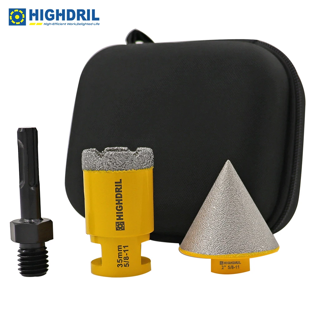 HIGHDRIL Oxford Cloth EVA Toolkit Set 3pcs/set Diamond Drill Bit+Chamfer Beveling Bit+SDS Adapter