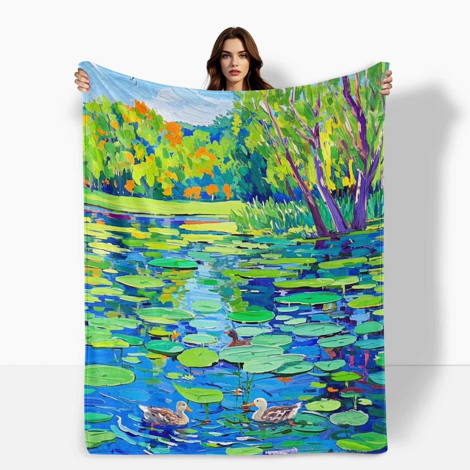 Couverture inspirée du lac de David Hockney avec feuilles de Lotus, arbres et canards, pour la décoration de la maison et la chaleur avec un Design esthétique moderne
