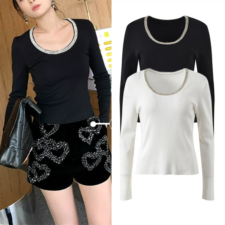 

Высококачественная версия, роскошная круглая трикотажная футболка со стразами ручной работы Ne Long Sve, женская внутренняя одежда, повседневный топ