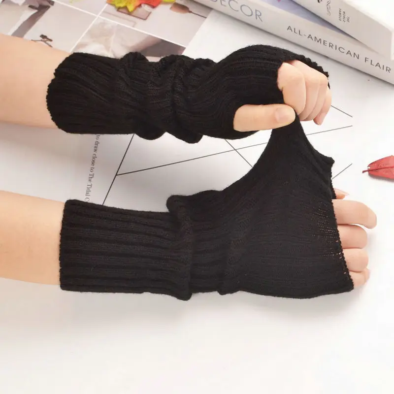 Unisex Winter Women Arm Warmers Knitted Woolen Arm Sleeve Fine Long Knitted Fingerless Gloves Casual Warm Soft Female Gloves