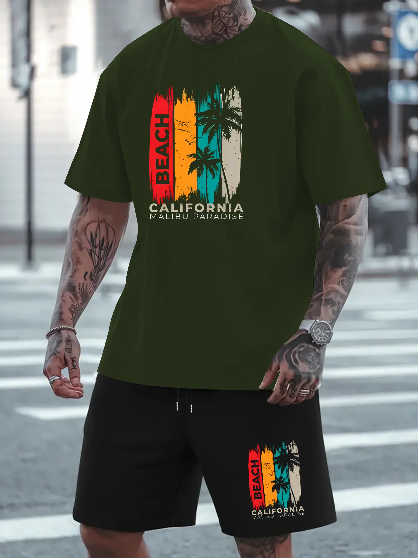 

2025 Summer new men's suit Summer new T-shirt Tropical palm print short sleeve top Fashion casual T-shirt Hawaii Beach short sle