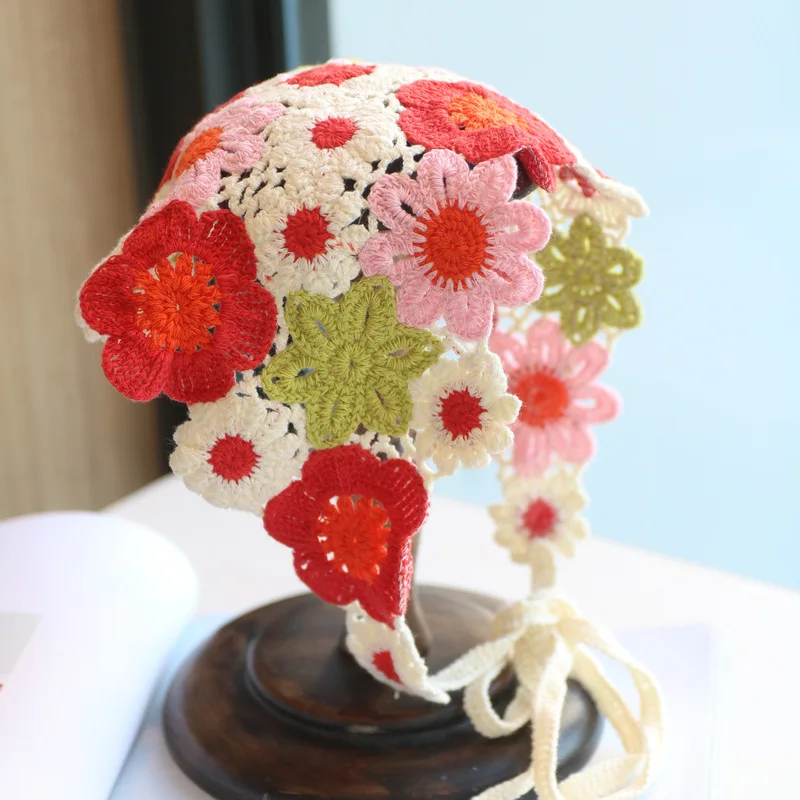 Women\'s knitted hat spring and summer gradient color handmade crochet flower toe cap hat retro beauty elegant hollow bucket hat