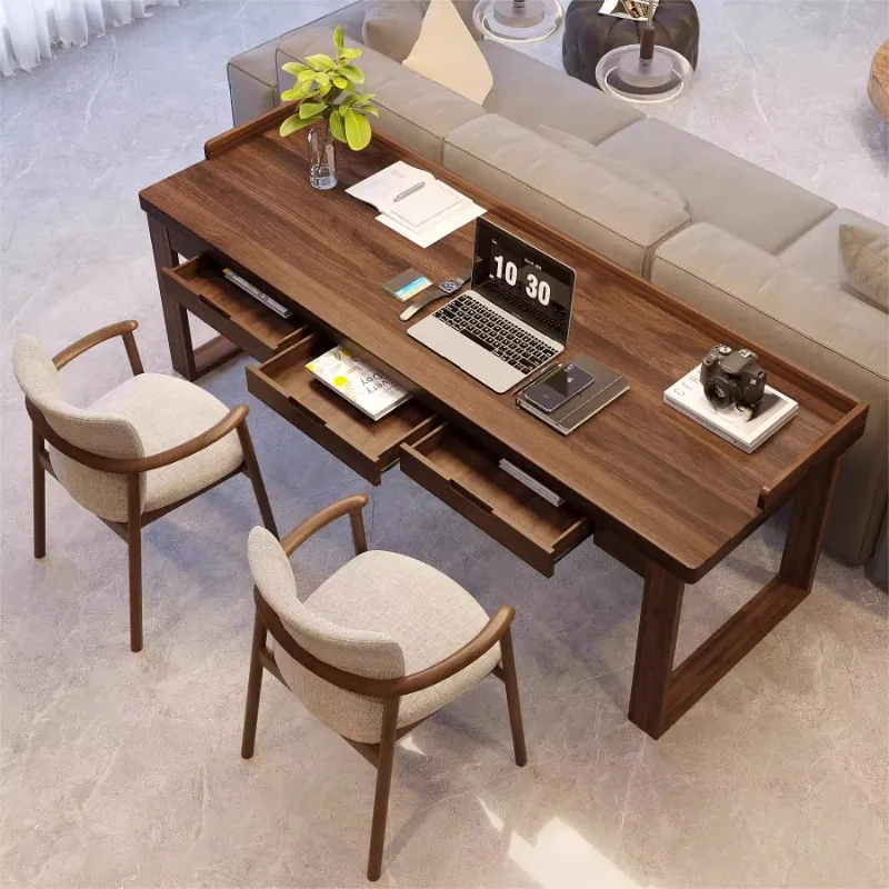 

High-grade South American black walnut desk with drawers Solid wood against the wall Study table Modern simple long Workbench