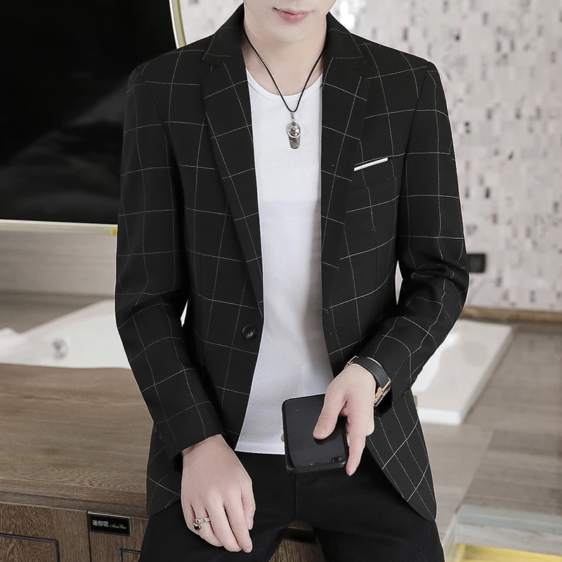 

Корейский приталенный клетчатый пиджак для мужчин, классический универсальный повседневный деловой мужской пиджак, униформа для парикмахера, пальто