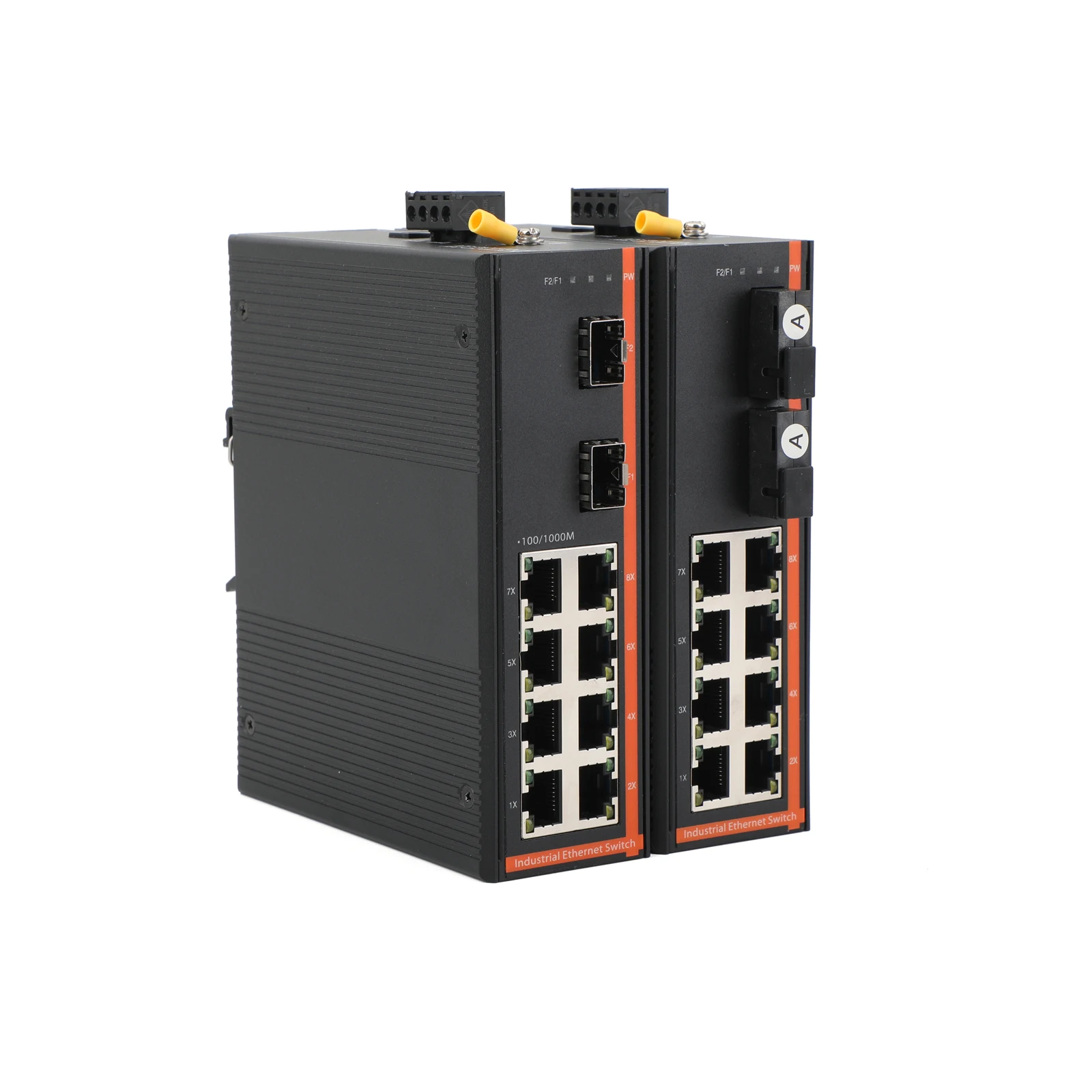 Industrial Media Converter, 2 Fiber SC Port & 8 Port Gigabit Ethernet, Single Mode 20KM Converter with SFP Slot, 12-48V DC