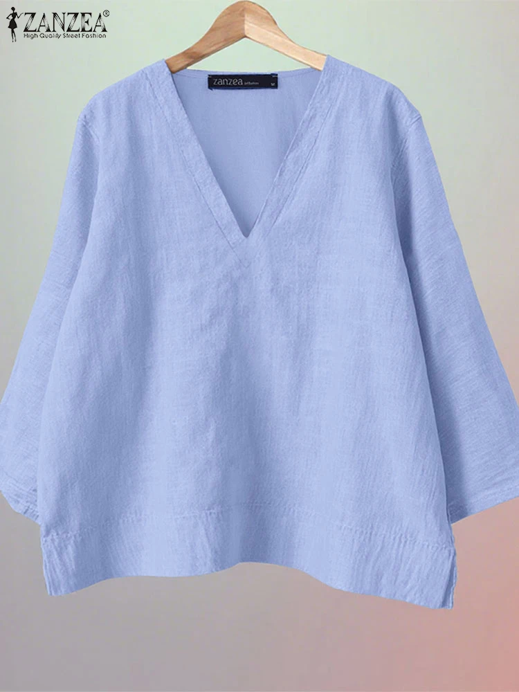 

ZANZEA Women Cotton Blouses 2025 Autumn Solid Work Shirts Casual V Neck 3/4 Sleeve Blusas Mujer Female Chemise Loose Tops Tunic