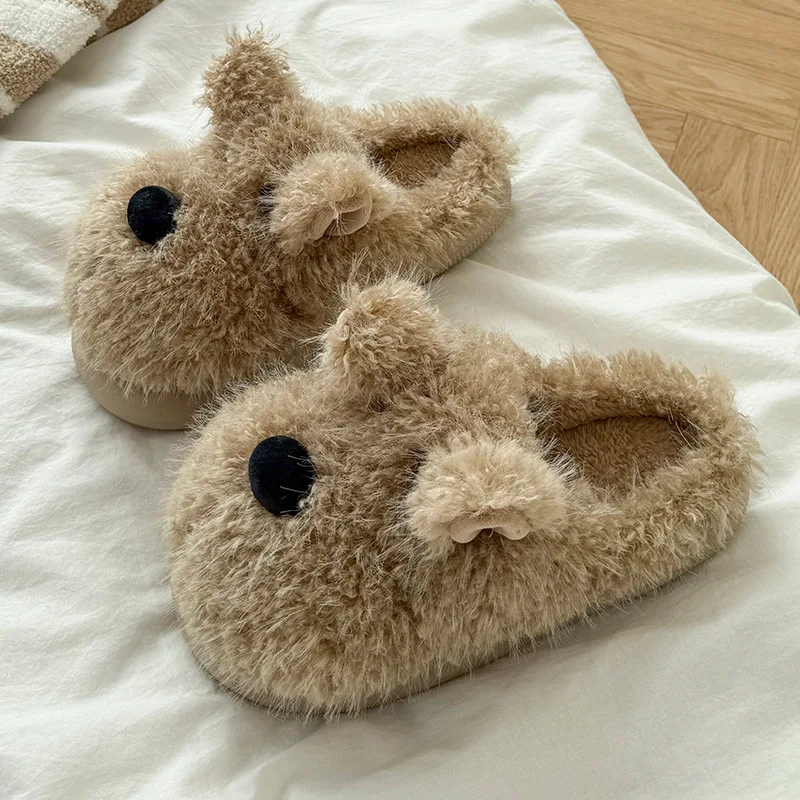 2025 New Women's Cotton Slippers Home Couples' Style Fleece Lined Thickened Cloud Like Cushioning Cartoon Puppy Plush Slippers