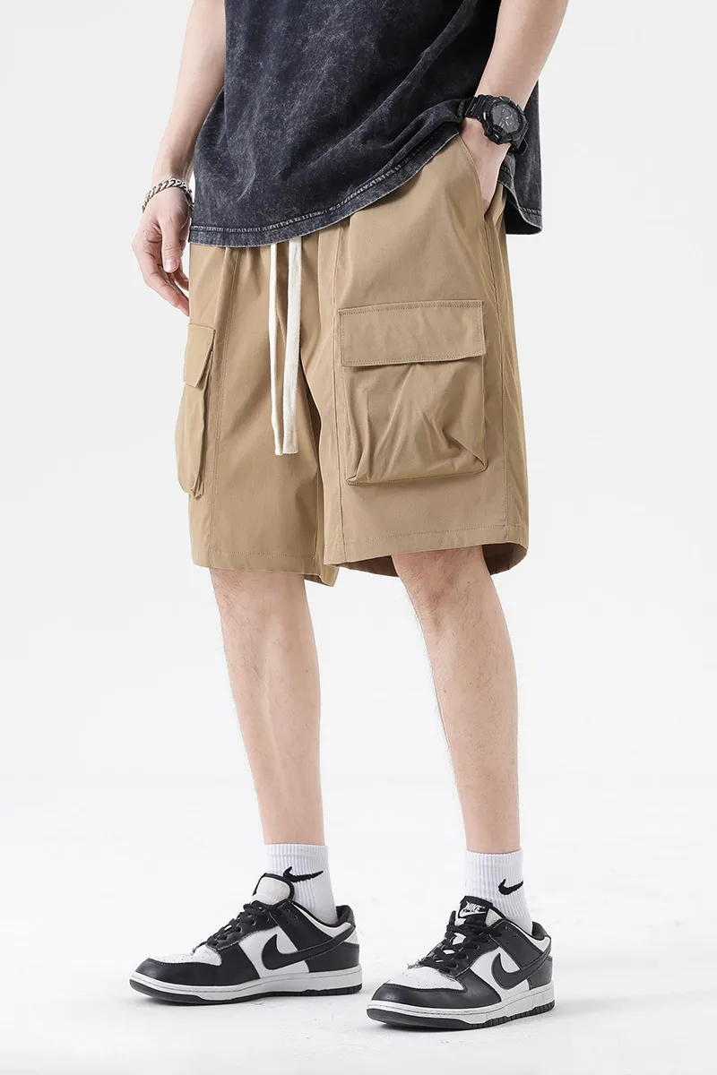 

Новые летние повседневные шорты для спецодежды с эластичной резинкой на талии на шнурке, спортивный уличный стиль, однотонные, с несколькими карманами, свободные шорты