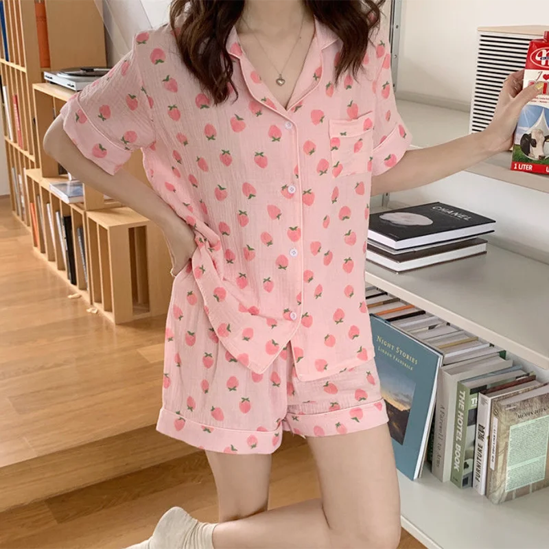 100% Cotton Summer Pajamas Set Women Single Breasted Shirts Tops + Shorts Kawaii Strawberry Pink Sleepwear Casual Home Suit Soft