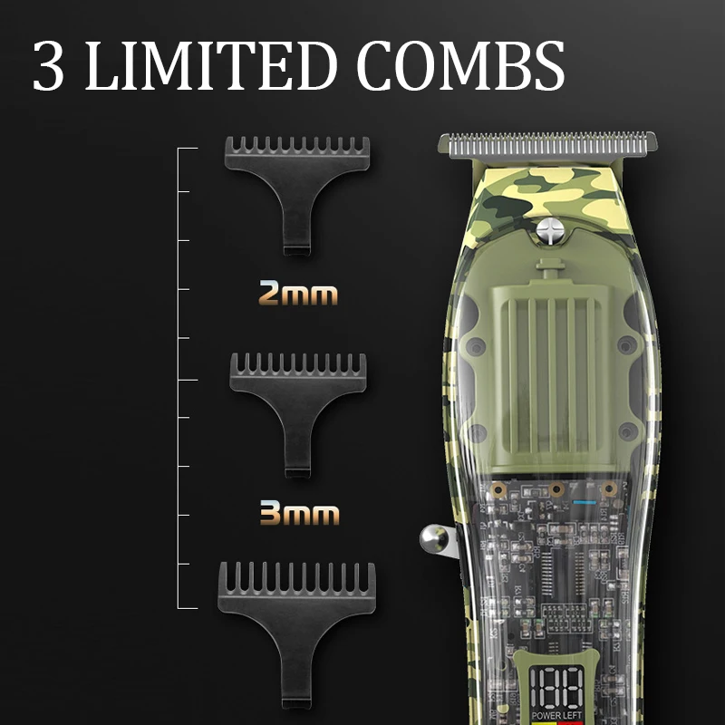 Kemei 남성용 투명 바디 전기 헤어 클리퍼, 전문 무선 트리머, LCD 디스플레이, 헤어 커팅 머신, KM-1928