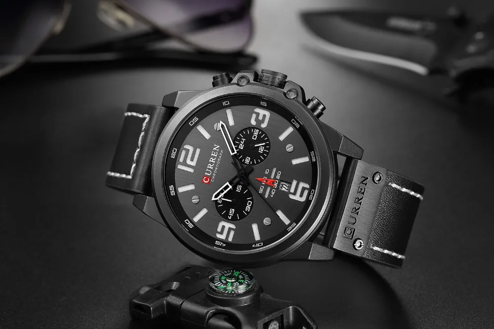 CURREN 8314 Herren Business-Armbanduhr mit Lederarmband, Wasserdicht mit Kalender, Lässige 6-Zeiger Quarzuhr – Detail 1