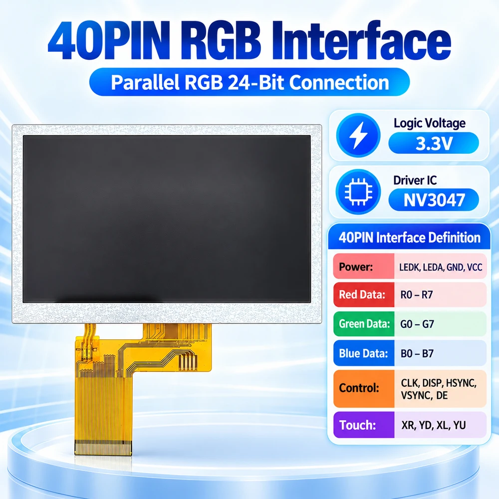 4.3 Inch TFT LCD Display Screen Module NV3047 HD IPS TN 480*272 40PIN RGB Interface Plug-in 3.3V 500 1000 Luminance