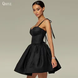 Qanz Black Short Prom Dresses Spaghetti Straps Satin Sweetheart Cocktail Dresses Corset Back Above Kneen Party Gown Customized