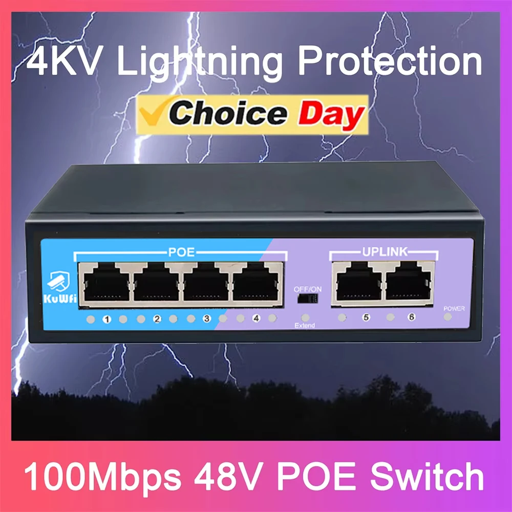 

KuWFi POE Switch 48V 100Mbps Wifi Smart IP Switch 4/8 Ports POE Standard RJ45 Injector Switcher for IP Camera/Wireless AP/CCTV