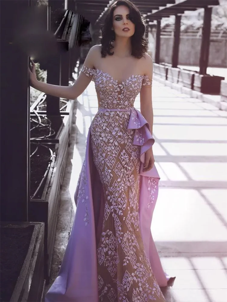 

Lavender Mermaid Lace Appliqued Beads Dresses Off Shoulder Formal Evening Dresses Prom Gowns