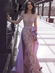 Lavender Mermaid Lace Appliqued Beads  Dresses Off Shoulder Formal Evening Dresses Prom Gowns