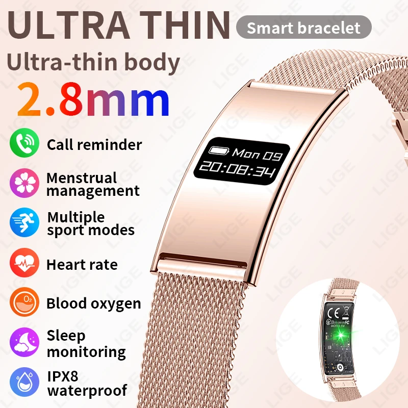 

Смарт-часы LIGE New 2.88mm Ultra-Thin: ультратонкие, водонепроницаемые (IP68), для спорта и фитнеса, женский браслет, монитор здоровья, для мужчин и женщин