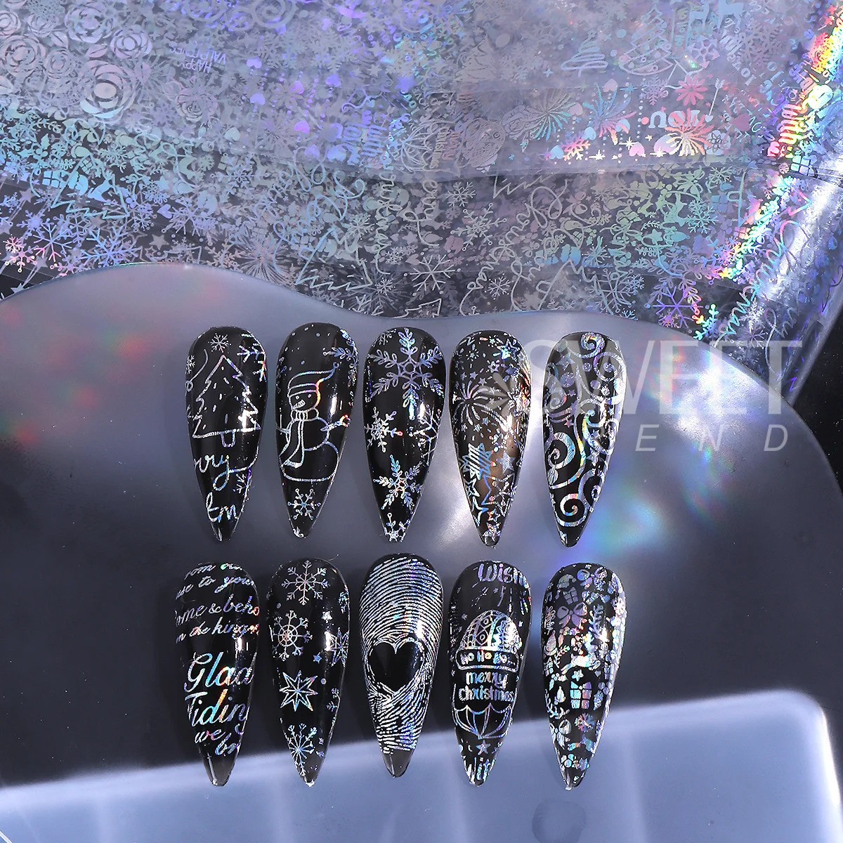 10개 홀로그램 실버 눈송이 네일 전사지 레이저 겨울 크리스마스 트리 불꽃놀이 크리스마스 데칼 새해 매니큐어 슬라이더