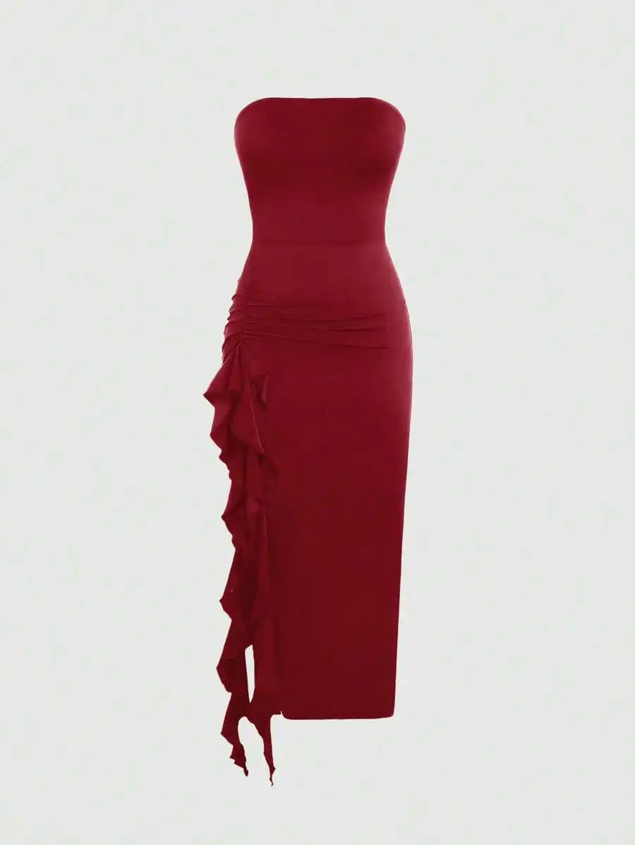 Vestido Midi Preto Sem Alças com Ruches Assimétricos e Babados em Camadas