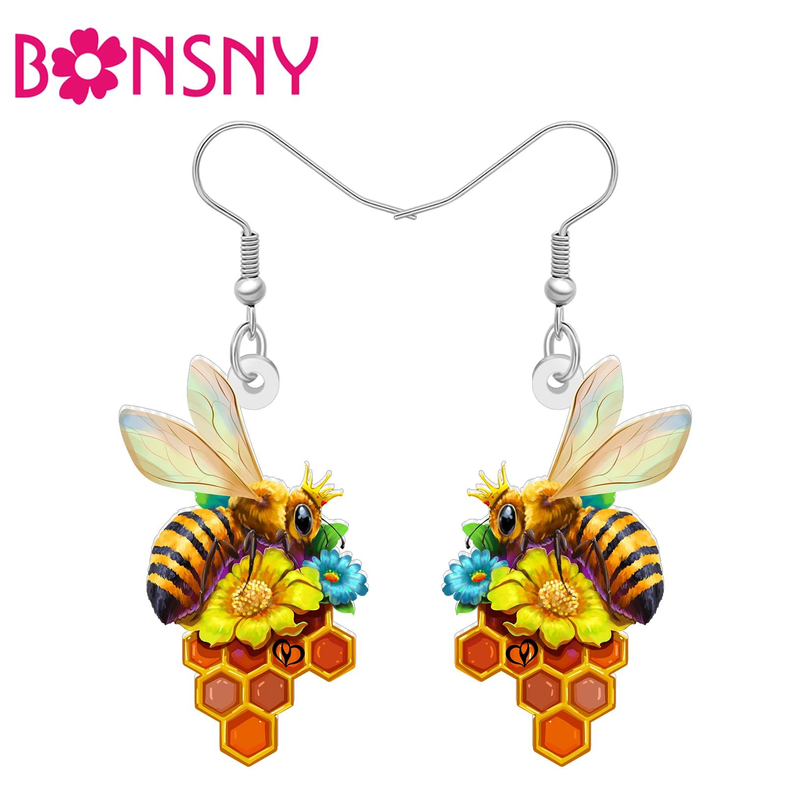 BONSNY Acrylic Bumble Bee Dangle Earrings Spring Flowers Dainty Honey Bee Insects Bug Garden Jewelry Charms For Women Mom Gifts