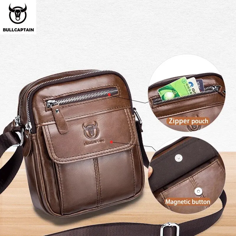 Bullcaptain-Bolso de hombro informal para hombre, bandolera de negocios de alta calidad, de cuero de vaca, Mini bolsillo de gran capacidad