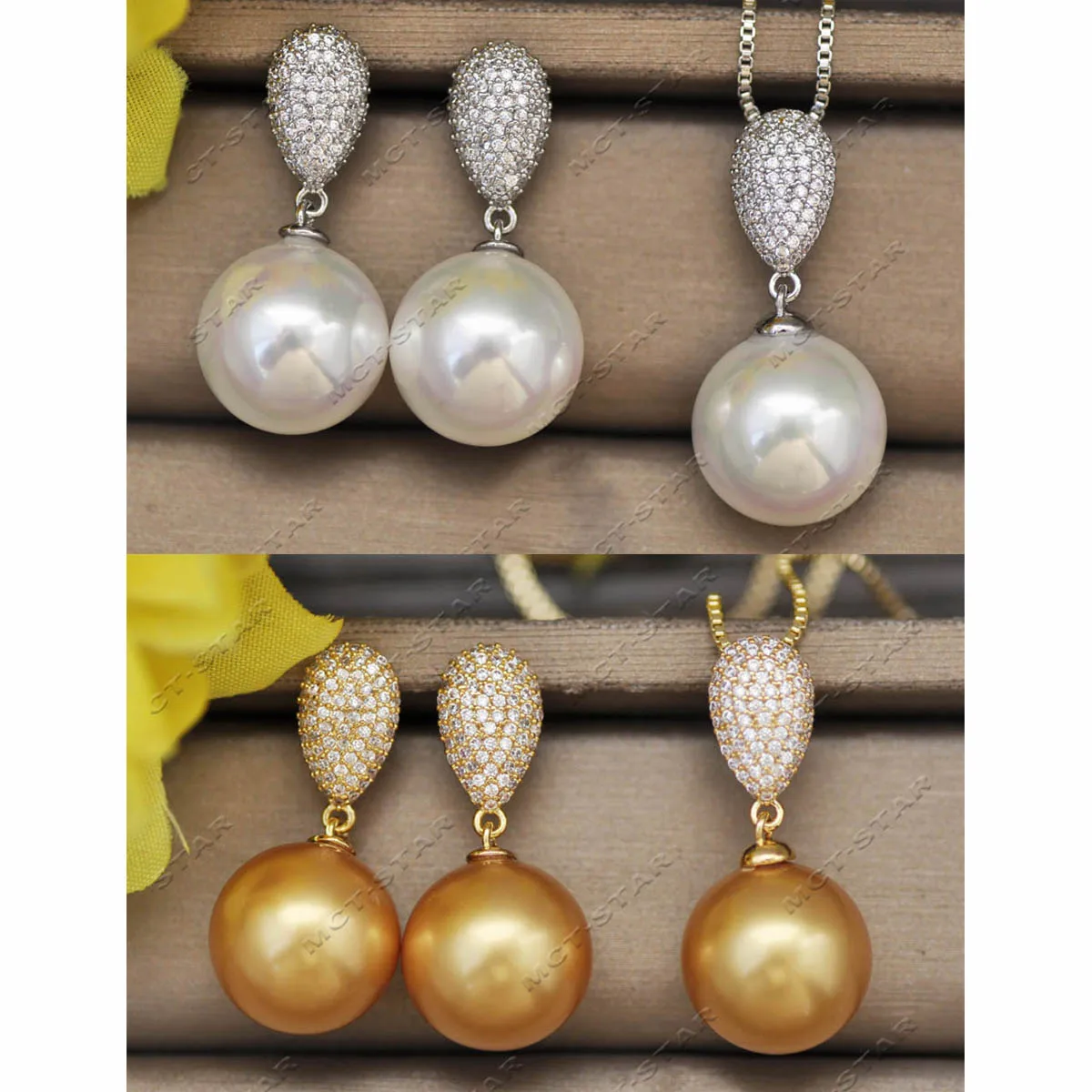 

Z13184 Set 14mm Golden White Round Shell Pearl Gold plated CZ Dangle Earring Pendant Custom jewelry