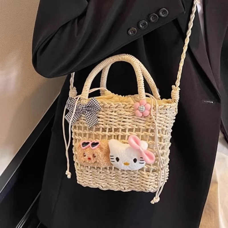 

2025 Hello Kitty going out beach woven bag super hot niche design summer vacation wind bag inclined straw bag For Women Girls
