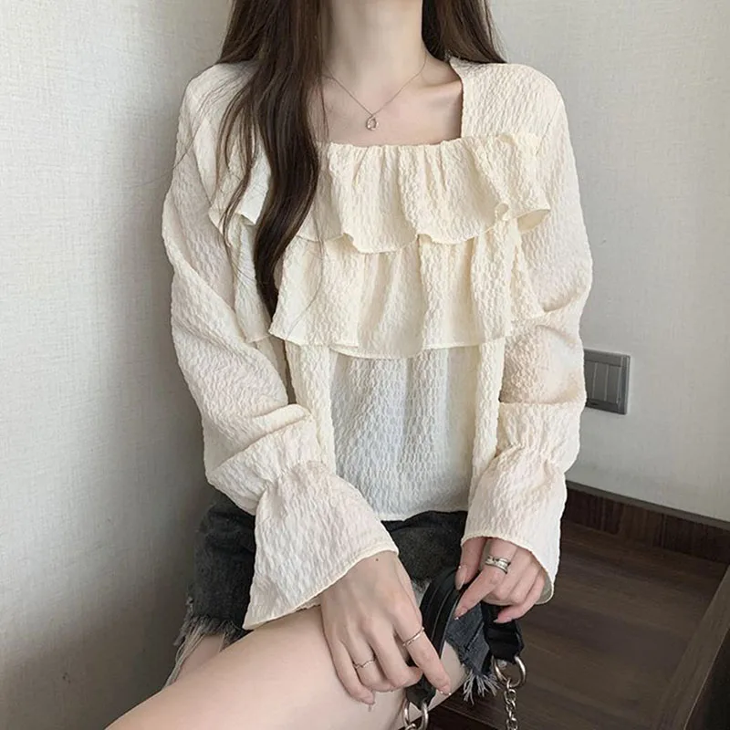 Fashion Square Collar Spliced Folds Ruffles Blouses Women\'s Clothing 2023 Autumn Winter Loose Sweet Tops Flare Sleeve Shirts