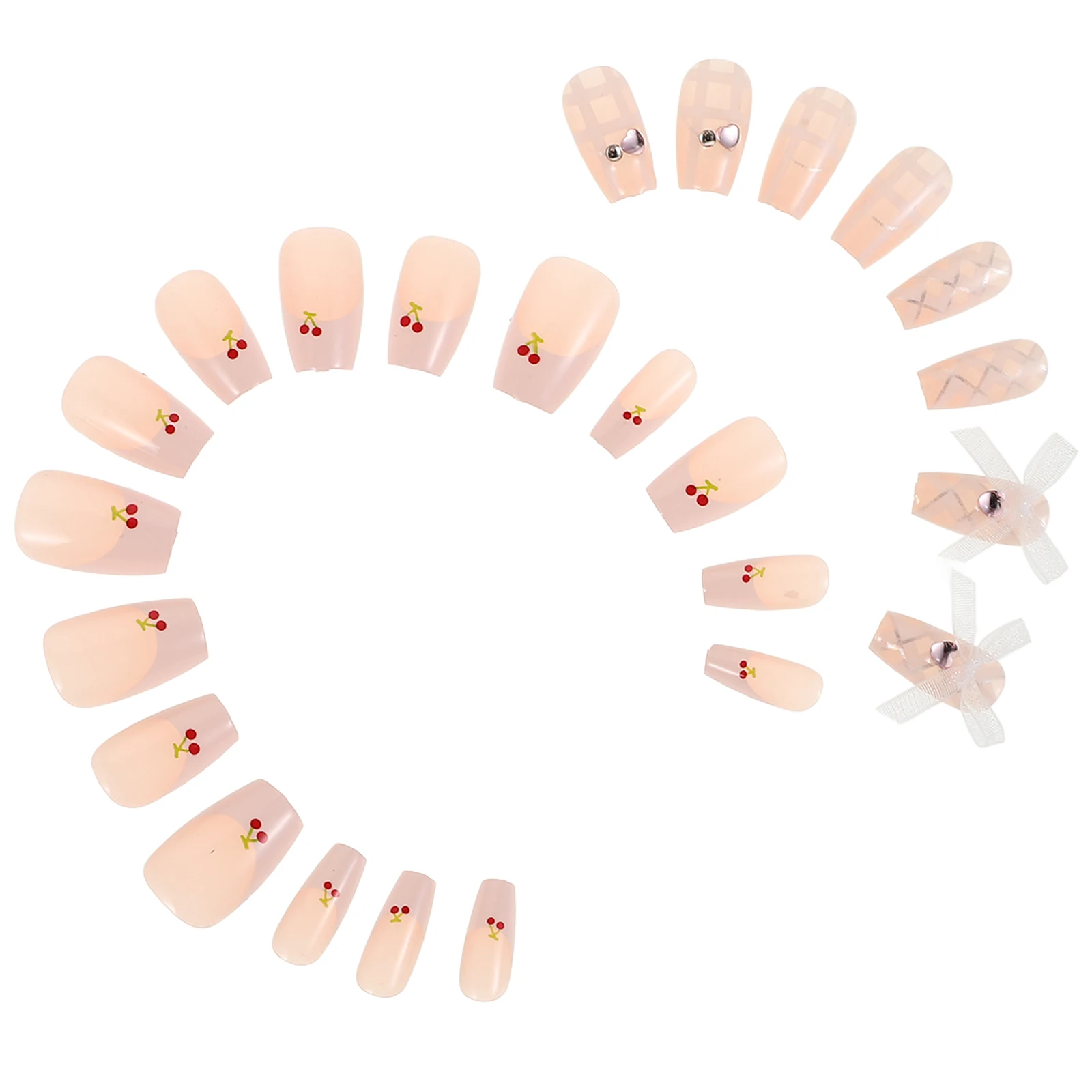 

1 set Cartoon Wearing Nails Full Cover Fake Reusable Glue Press On French Tip Plastic Coffin Nails Cherry Gems Stick Manicure