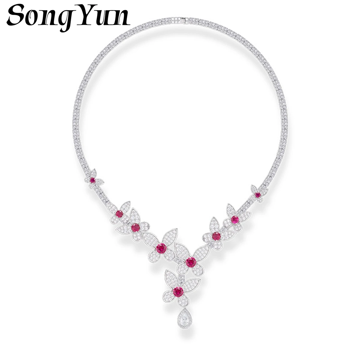 

SY Luxury Jewelry Treasure Ruby Butterfly Necklace Pendant 925 Sterling Silver Dress Collarbone Chain Choker Necklaces For Women