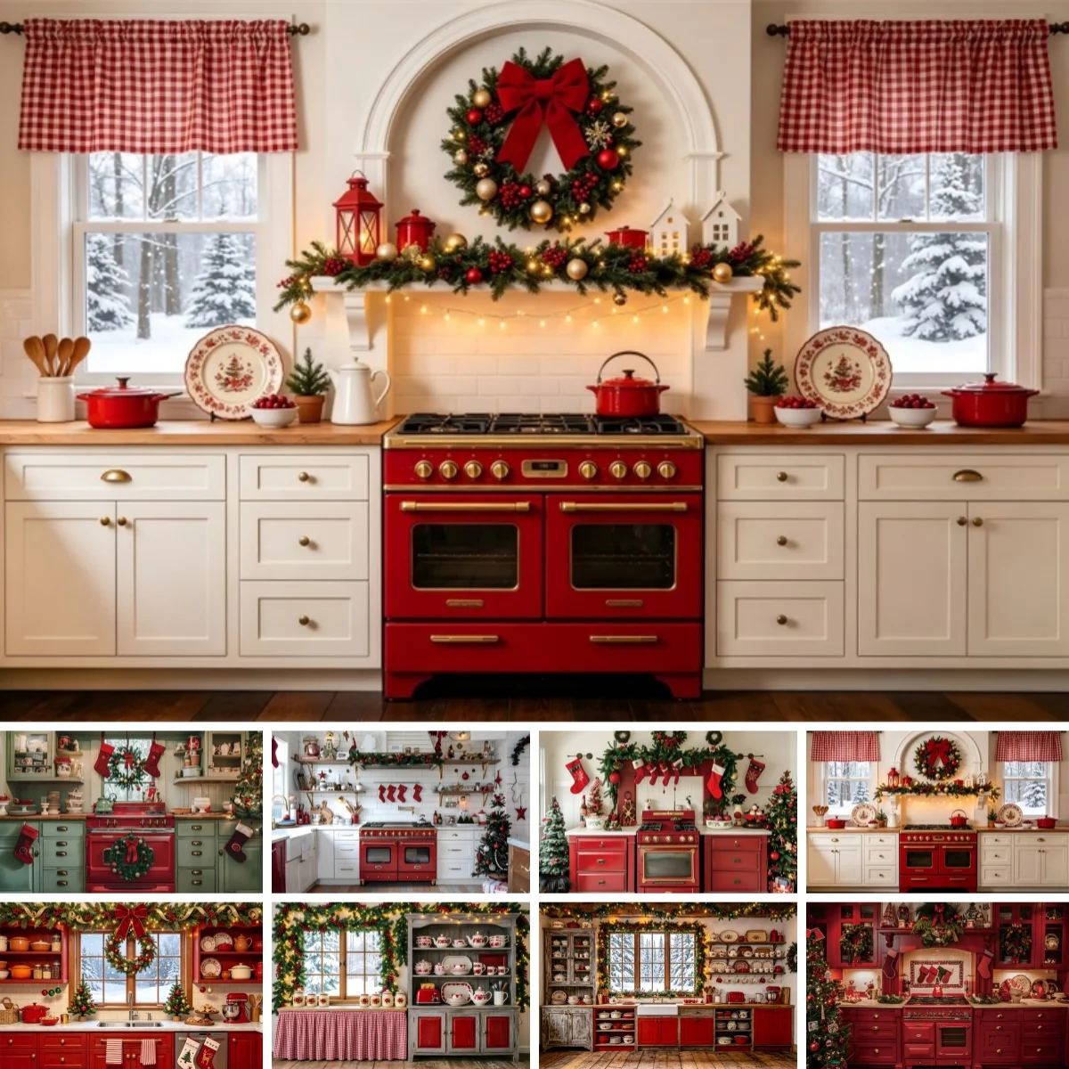 Yeele Christmas Kitchen Photography Backdrop Cabinet Kitchenware Plates Wreath Kid Family Xmas Party Decoration Photo Background