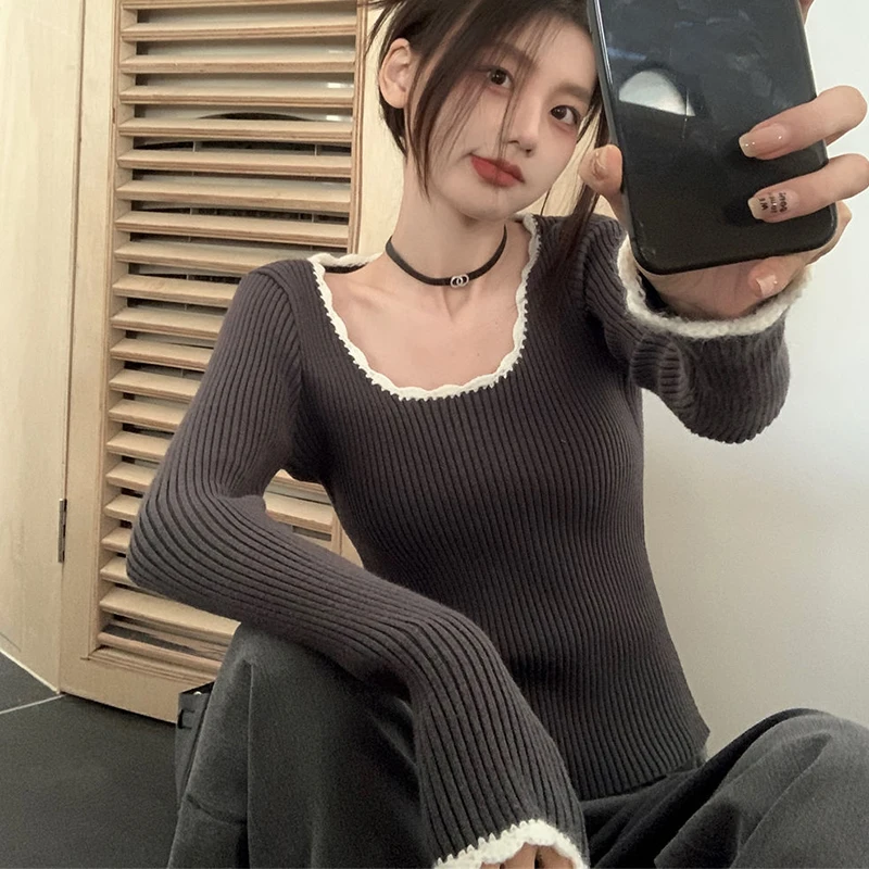 Korean Cute O Neck Long Sleeve Slim Fit Pullovers Tees Y2K Kawaii Sweet Knitted Crop Tops Autumn Patchwork Knitwear T-shirt