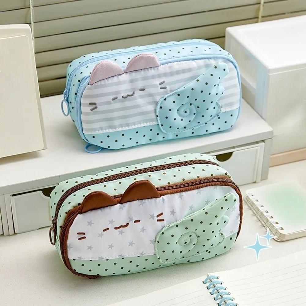 Pencil Pouch Polka Dot Pencil Case Large Capacity Stationery Korean Style Cat Pen Bag Multi-functional Simple